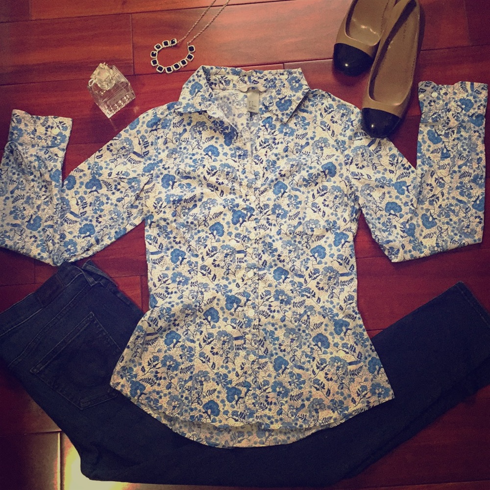 H&M COTTON BLUE & WHITE COLLARED BLOUSE